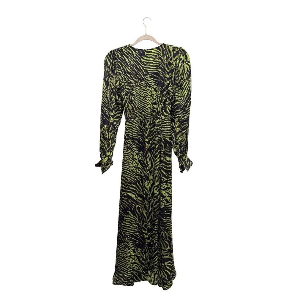 GANNI Stretch Silk Satin Tiger Stripe Wrap Dress Scandi Eclectic Blck Grn 38/6/M - Picture 9 of 15